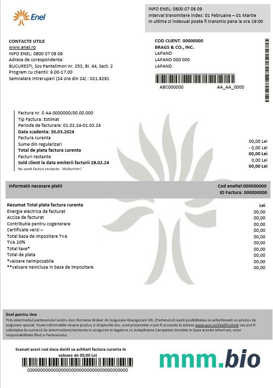 Rumunia Enel electricity proof of address rachunek za usługi komunalne szablon w formatach Word i PDF